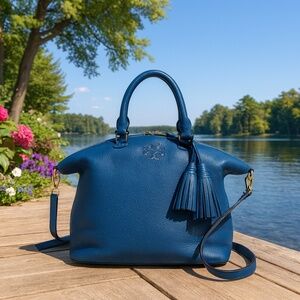 NEW Tory Burch Thea Tidal Blue Pebbled Leather Slouchy Satchel/Crossbody Bag